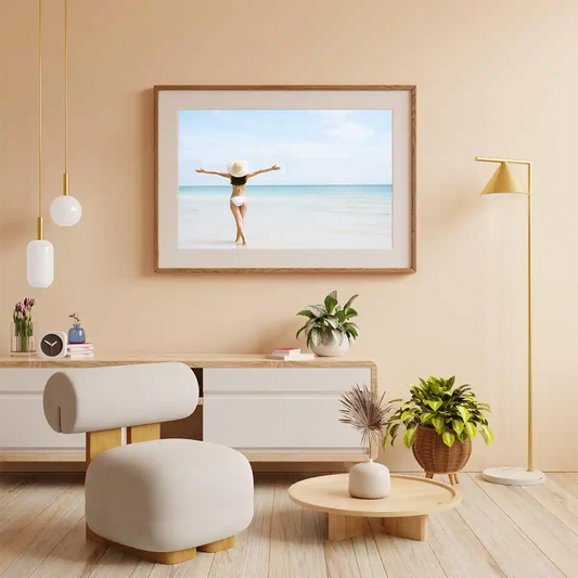 Woman Enjoying The Beach View With Wide Arms Open