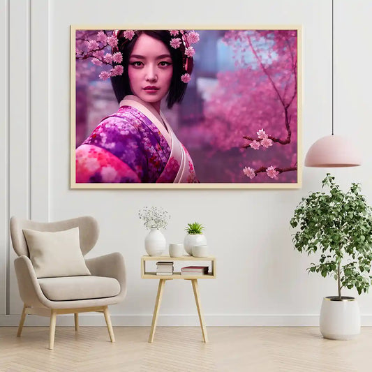 Japanese Geisha in Traditional Kimono with Cherry Blossom Garden Background