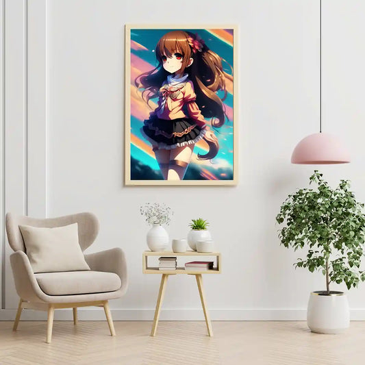 Girl with Flowers on a Long Brunette Hair - Anime Illustration