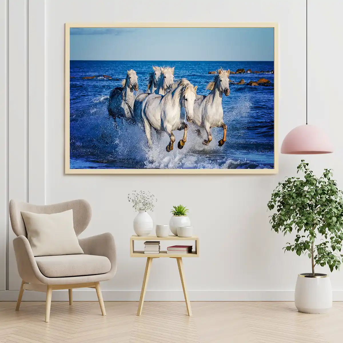 Herd of White Camargue Horses Running Along Water