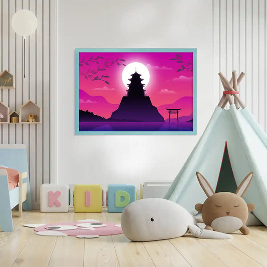 Japanese Temple Silhouette Over Bright Moon Digital Art