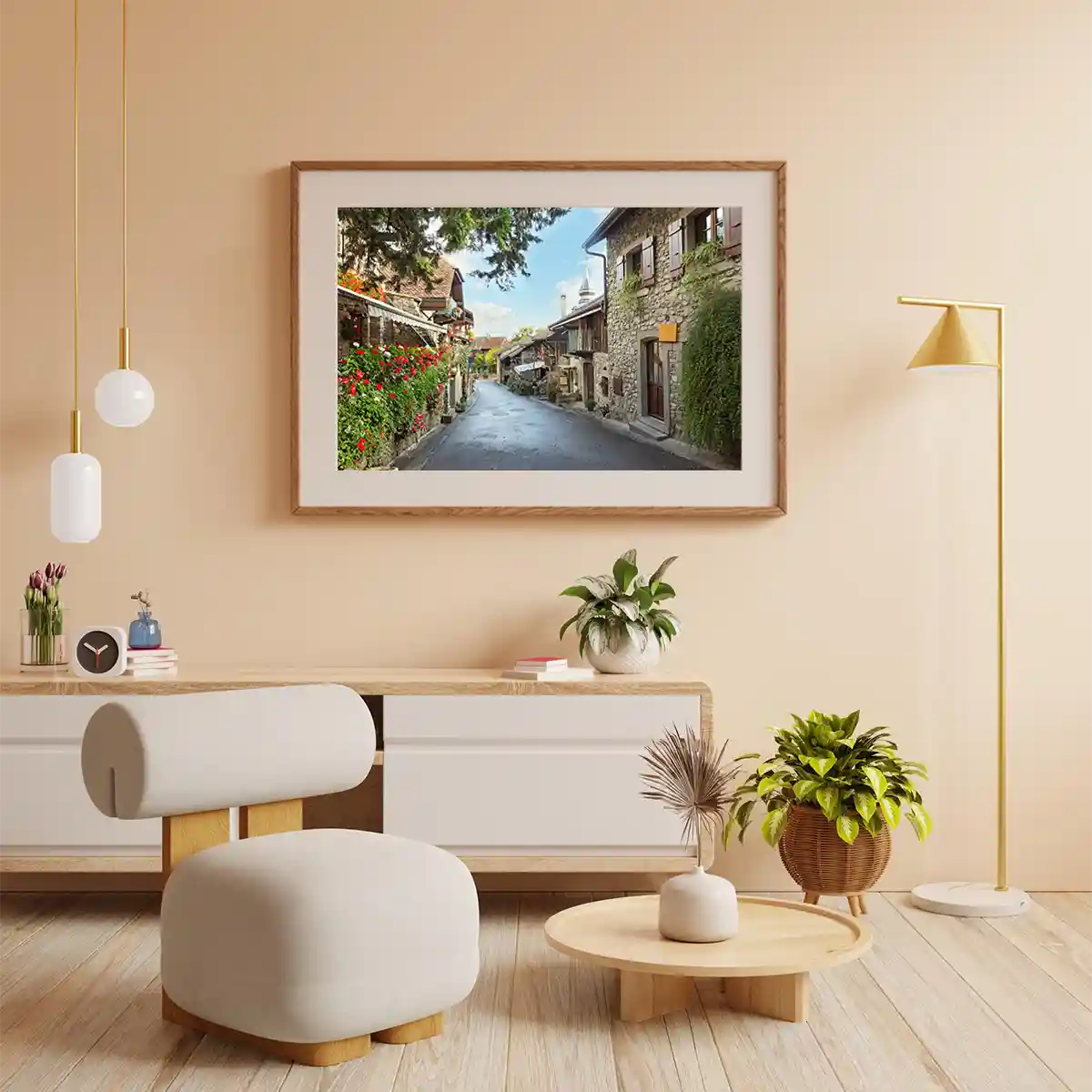 Traditional Old Town Street Scene with Old Shops in Yvoire Lake, Geneva France