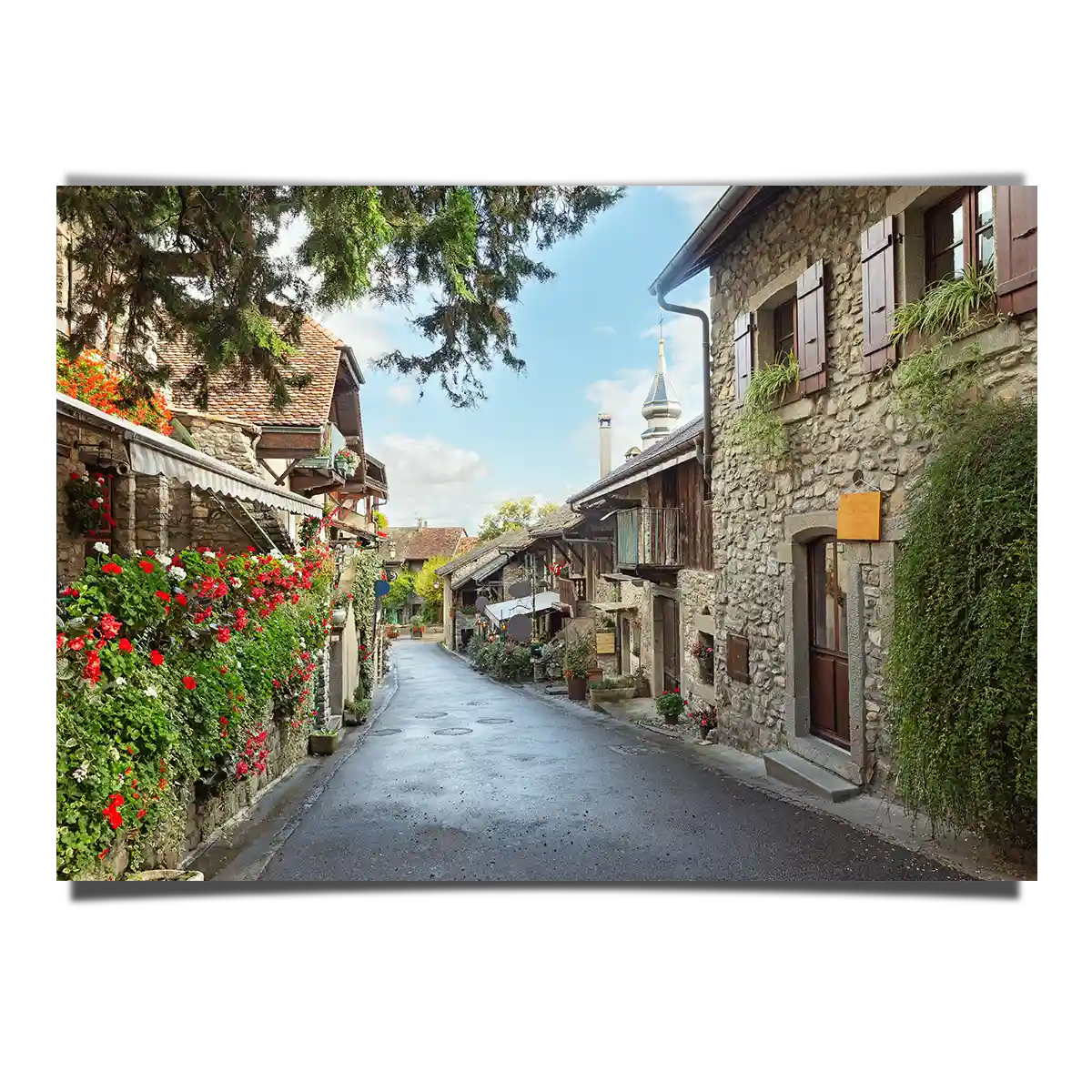 Traditional Old Town Street Scene with Old Shops in Yvoire Lake, Geneva France