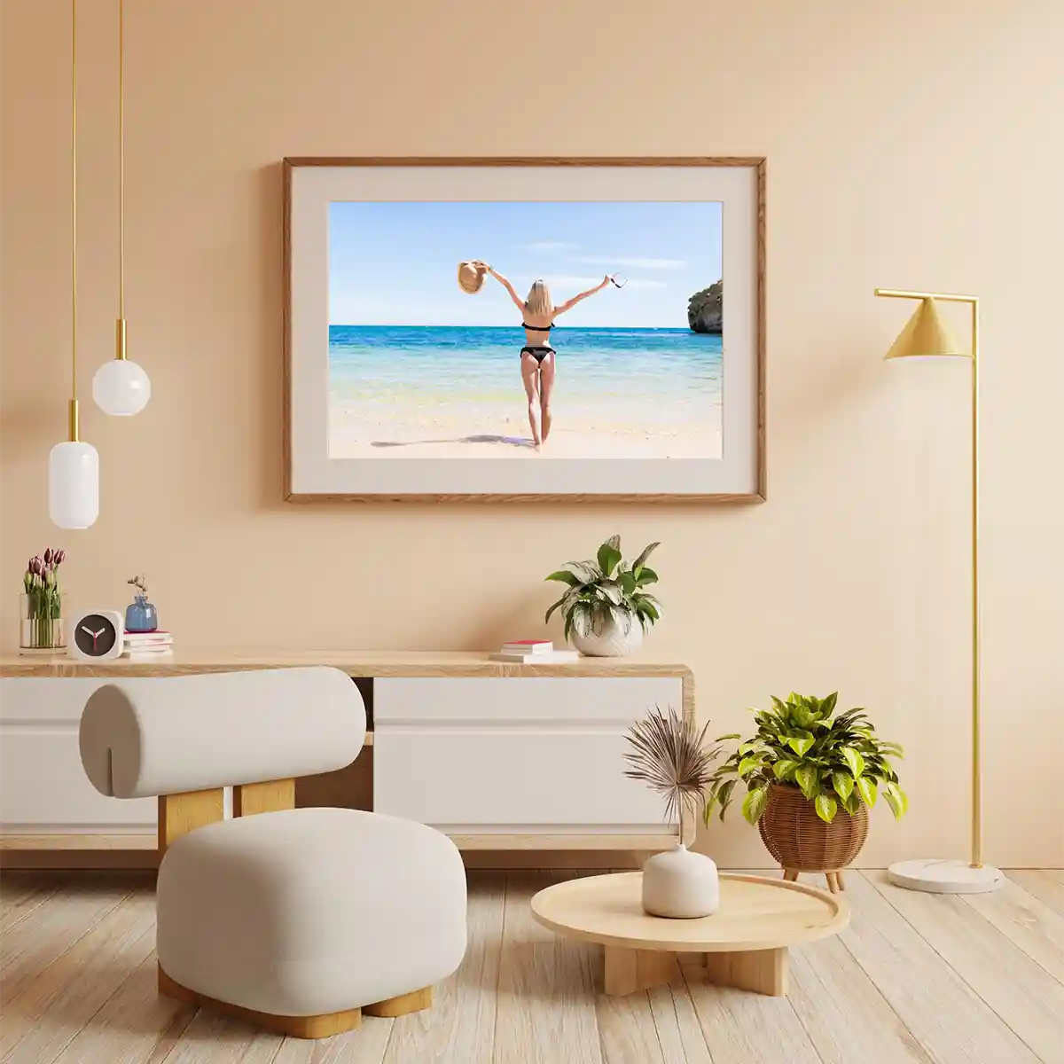 White Sand Beach View with a Woman Open Arms Standing Under the Sun