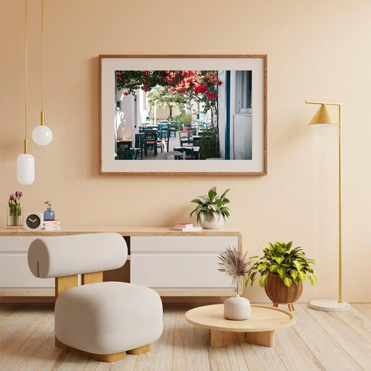 Summer Scene of Outdoor Street Cafe with Hanging Flowers in Greece