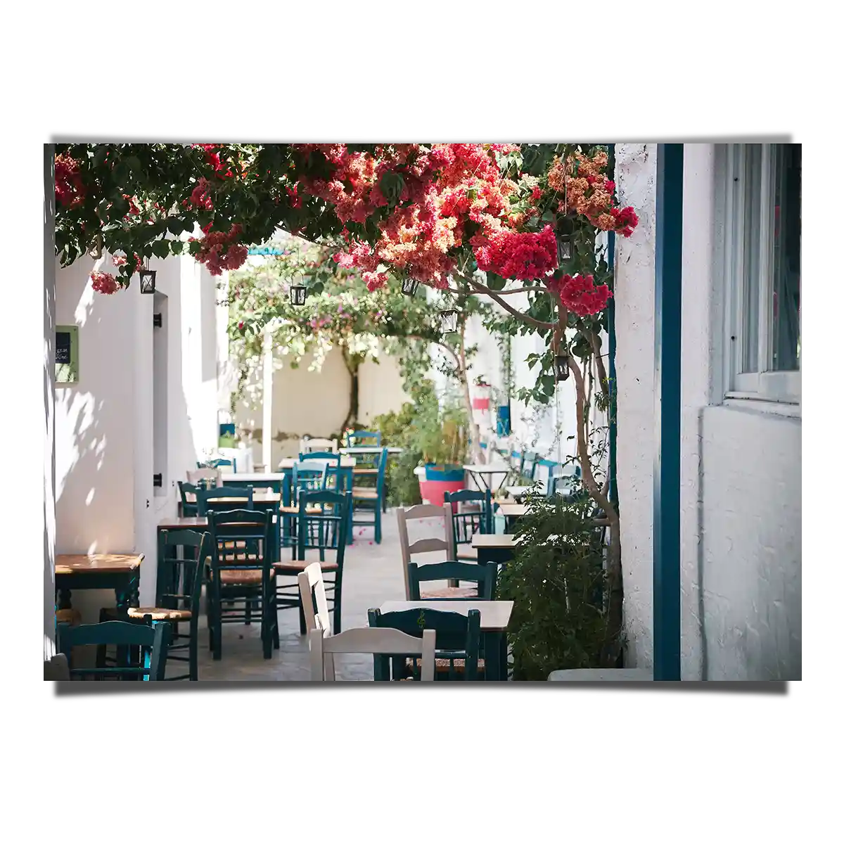 Summer Scene of Outdoor Street Cafe with Hanging Flowers in Greece