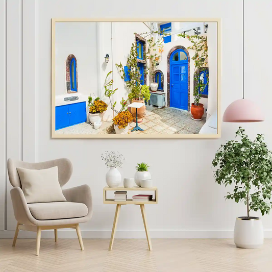 Traditional Greek White Architecture with Blue Doors and Windows in Santorini Island Greece