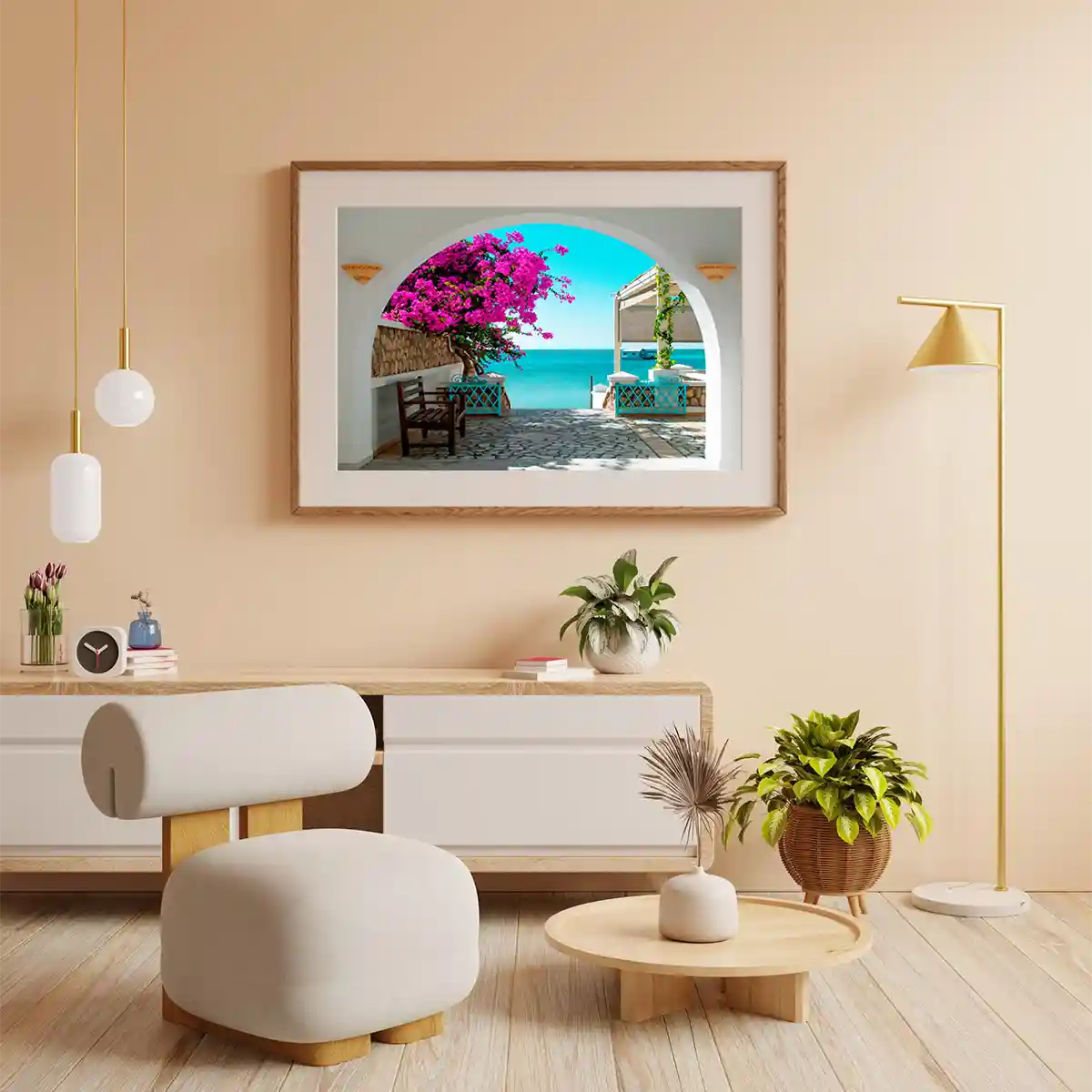 Tunisian Sea Overlooking on White Archway of a Porch with Blooming Red Flowers