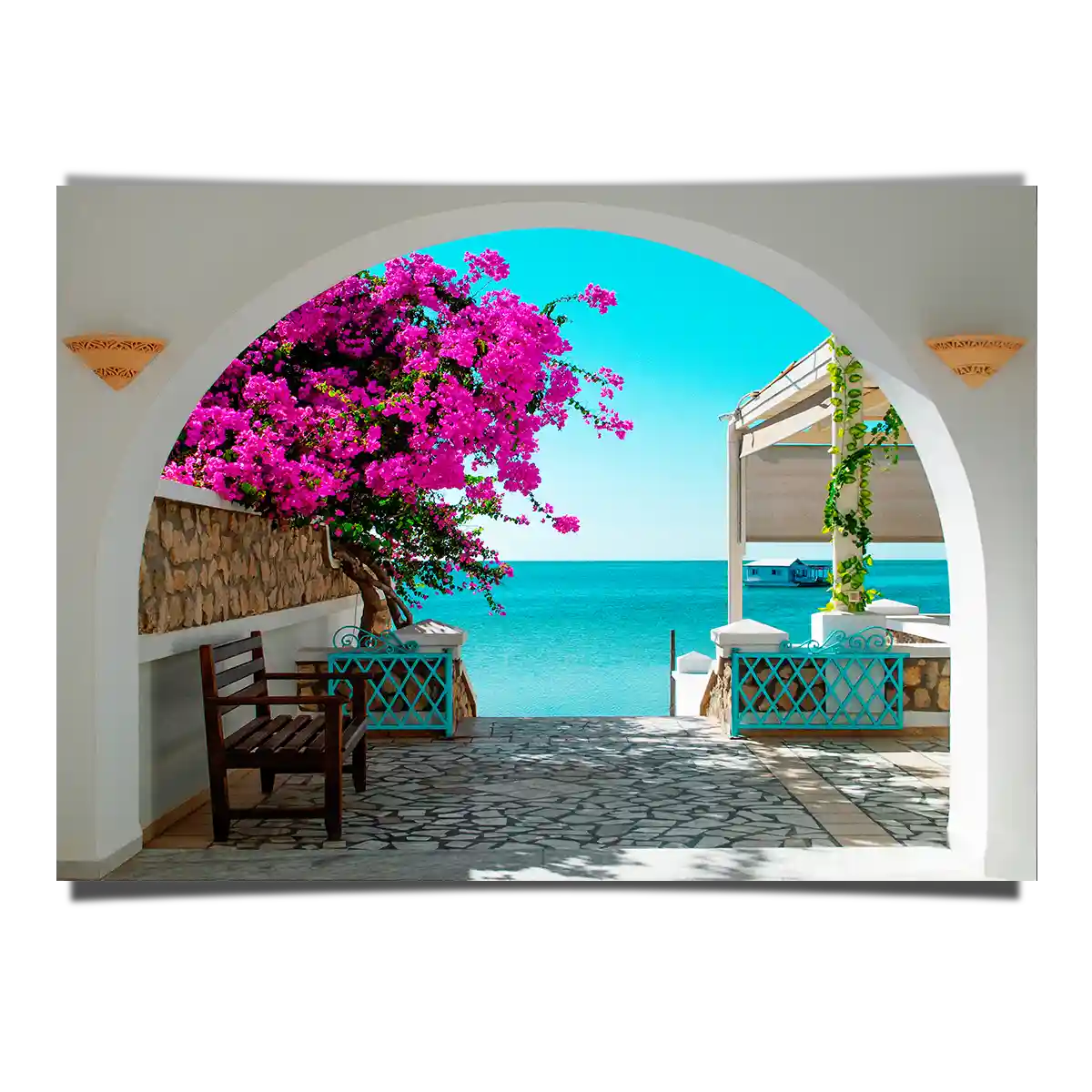 Tunisian Sea Overlooking on White Archway of a Porch with Blooming Red Flowers