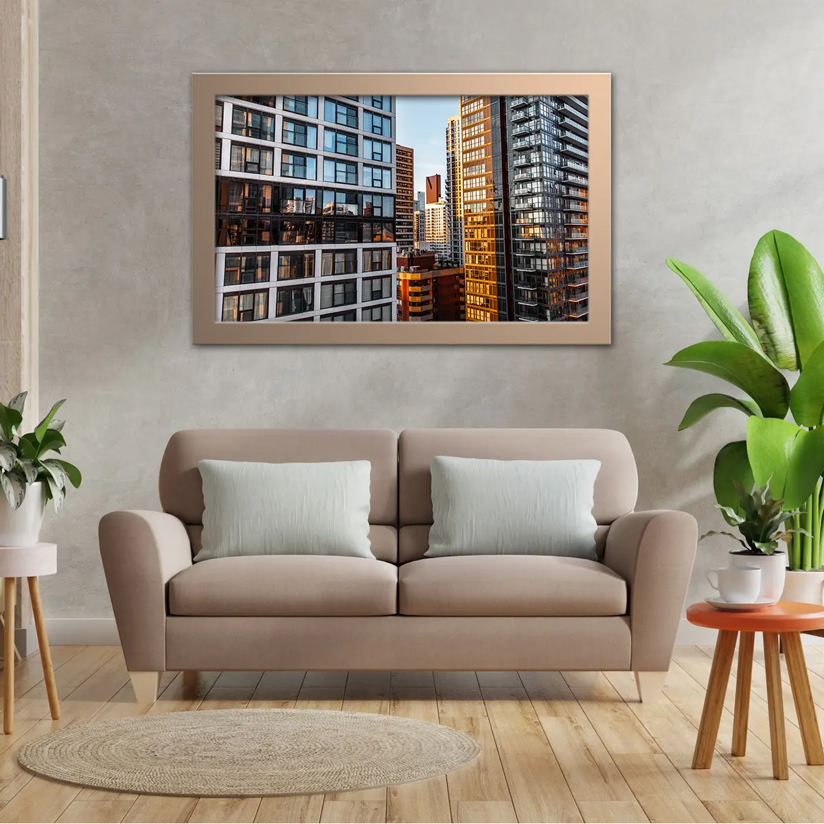 Glass Panels on City Downtown Reflecting The Sunset