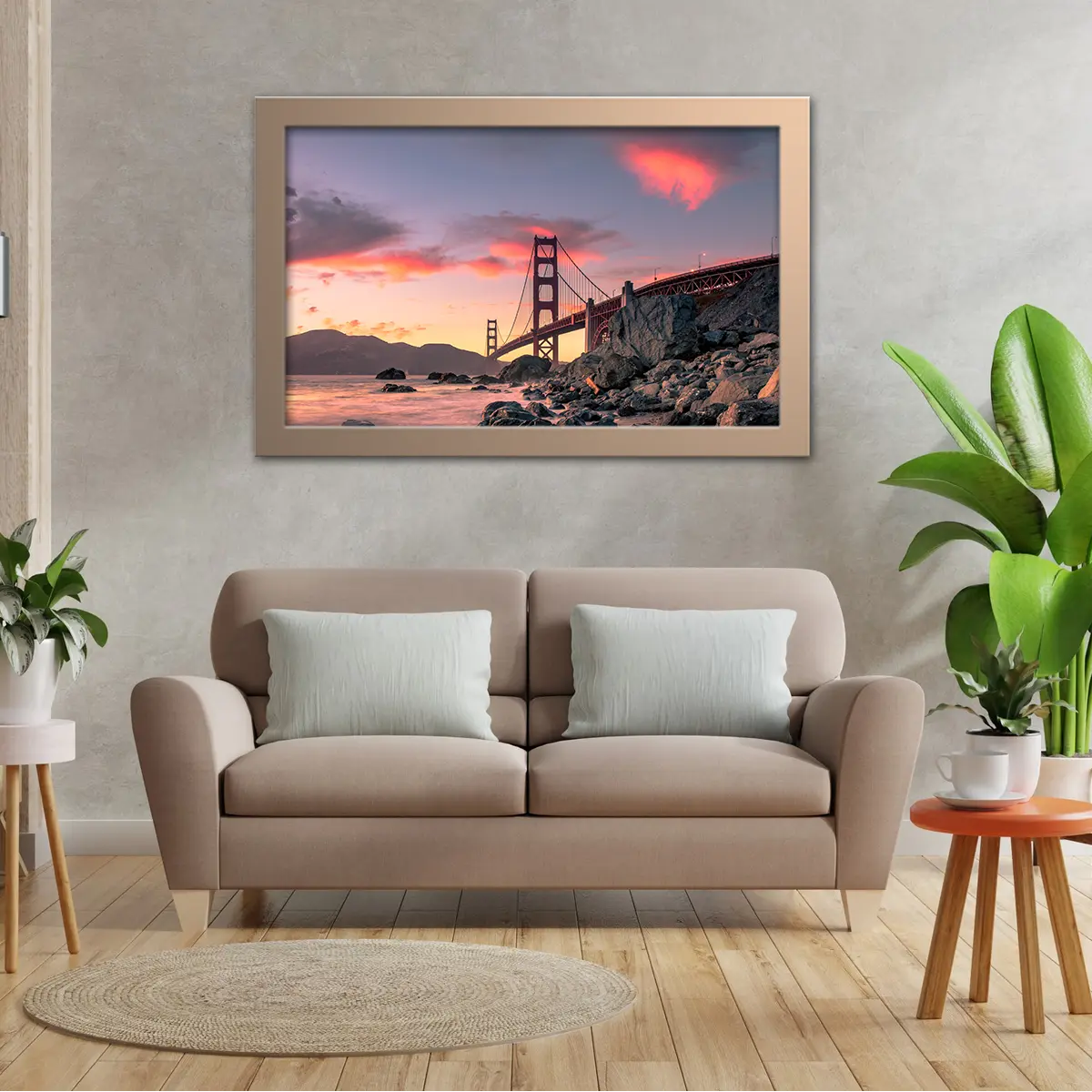 The Golden Gate Bridge Over Rock Formation on Sunset in San Francisco California