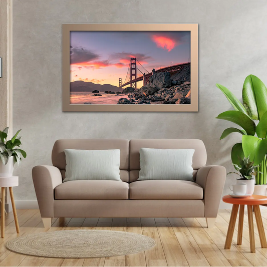 The Golden Gate Bridge Over Rock Formation on Sunset in San Francisco California