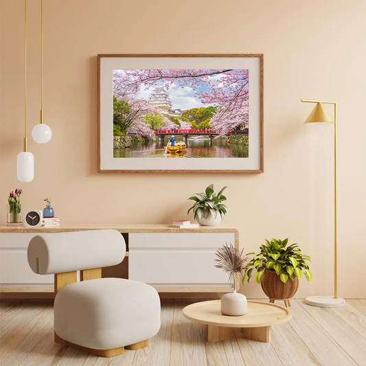 Himeji Castle Reflecting at the River with Cherry Blossom at Spring in Japan