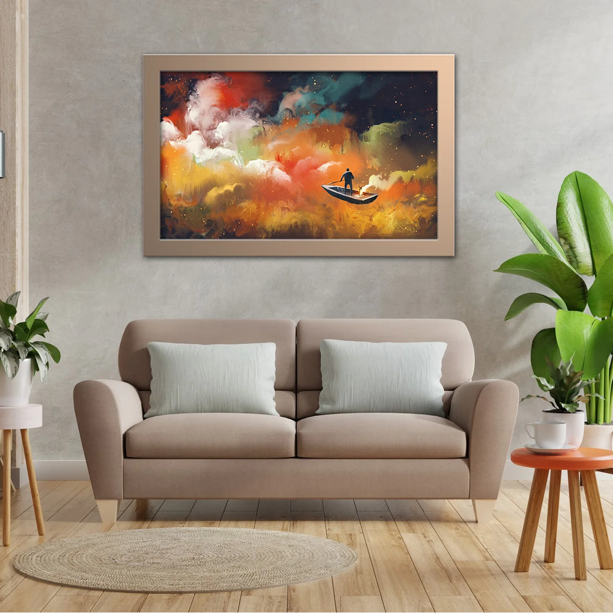 Man On A Boat And Colorful Clouds