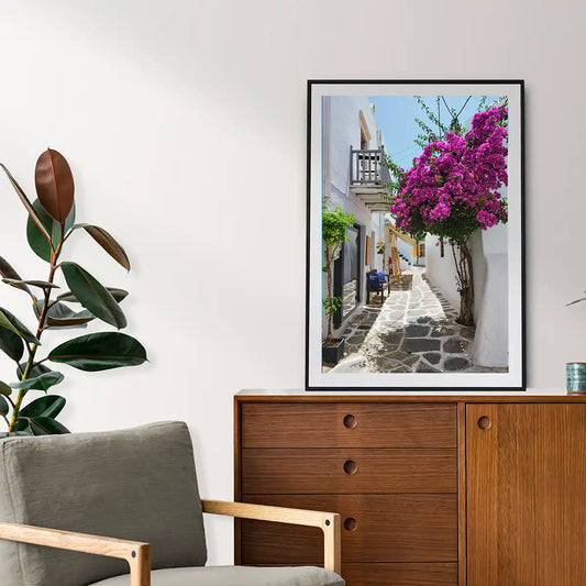 Naousa Town Street with Red Bugambilia Paros Island Greece