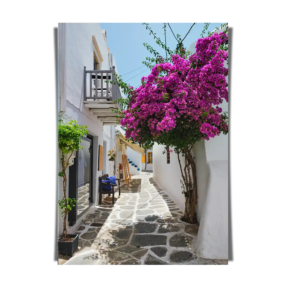 Naousa Town Street with Red Bugambilia Paros Island Greece