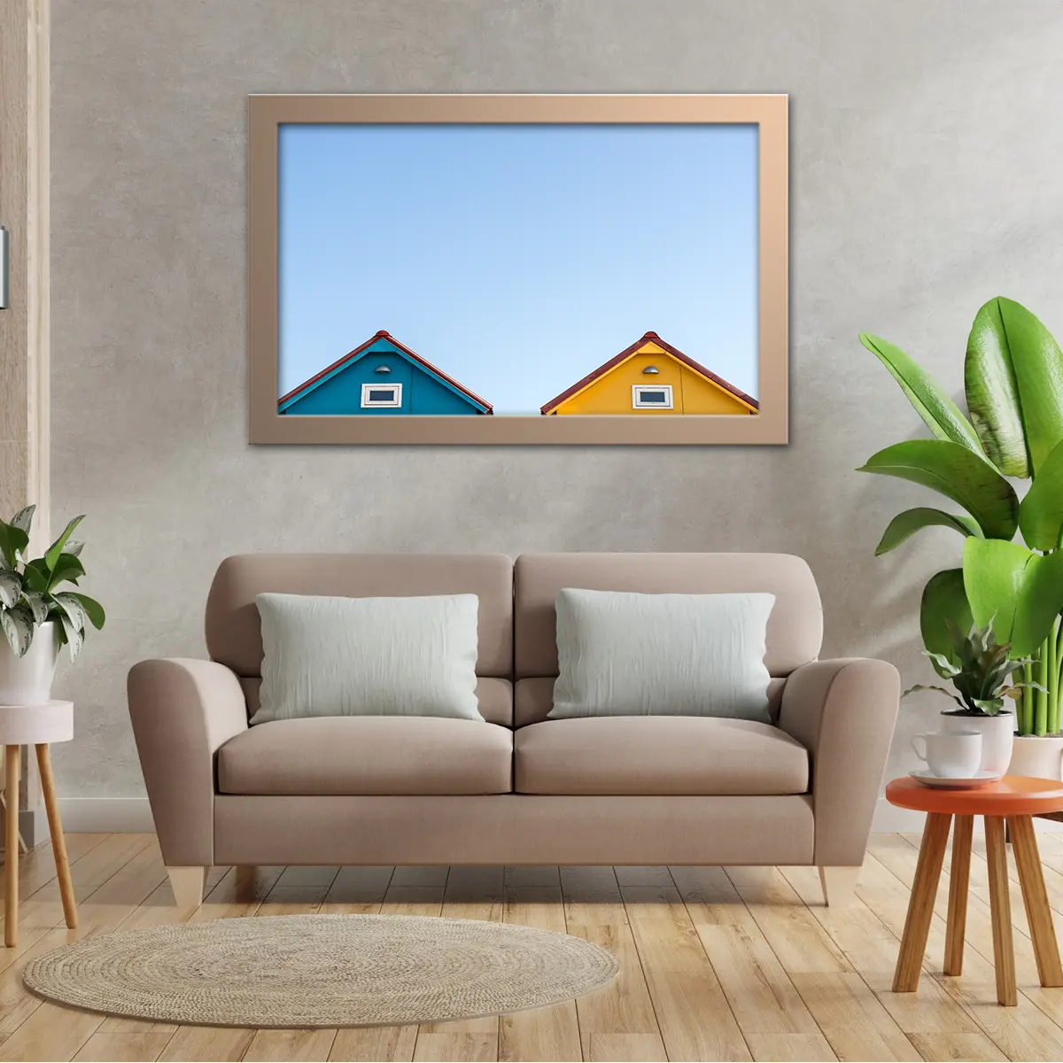 Peeping Beach House Rooftops Over Clear Blue Skies