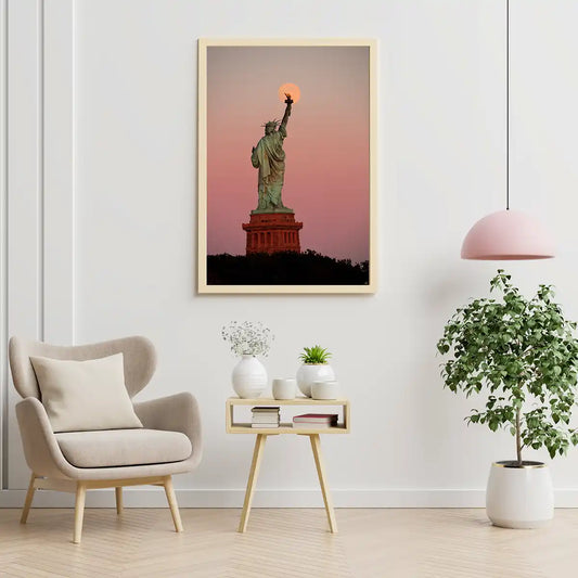 The Statue of Liberty on Sunset Over Full Moon