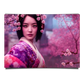 Japanese Geisha in Traditional Kimono with Cherry Blossom Garden Background