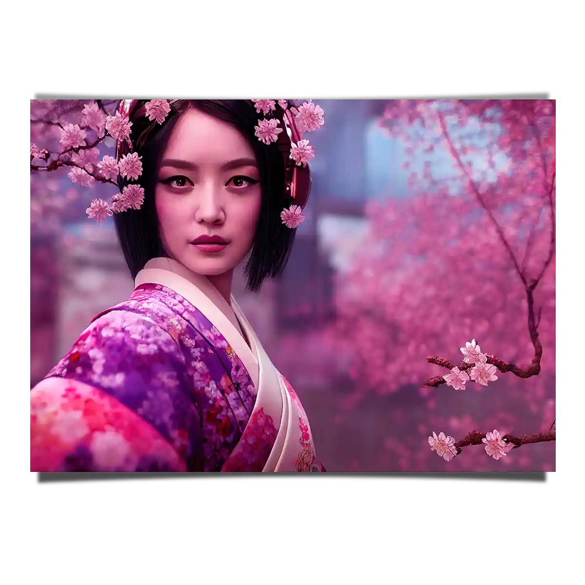Japanese Geisha in Traditional Kimono with Cherry Blossom Garden Background