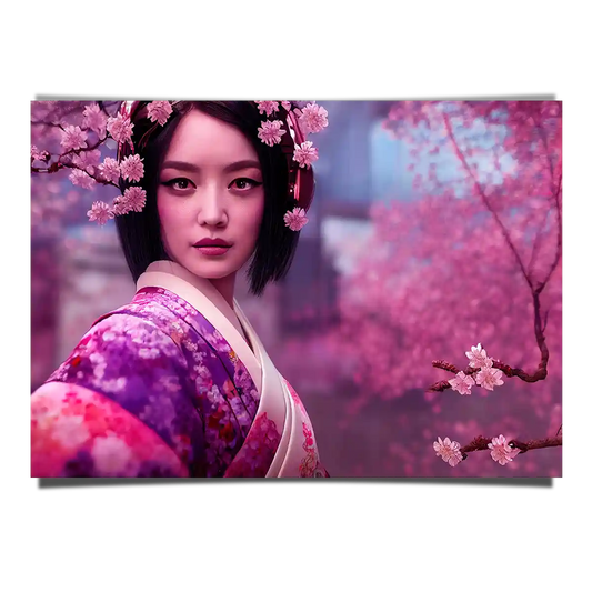 Japanese Geisha in Traditional Kimono with Cherry Blossom Garden Background