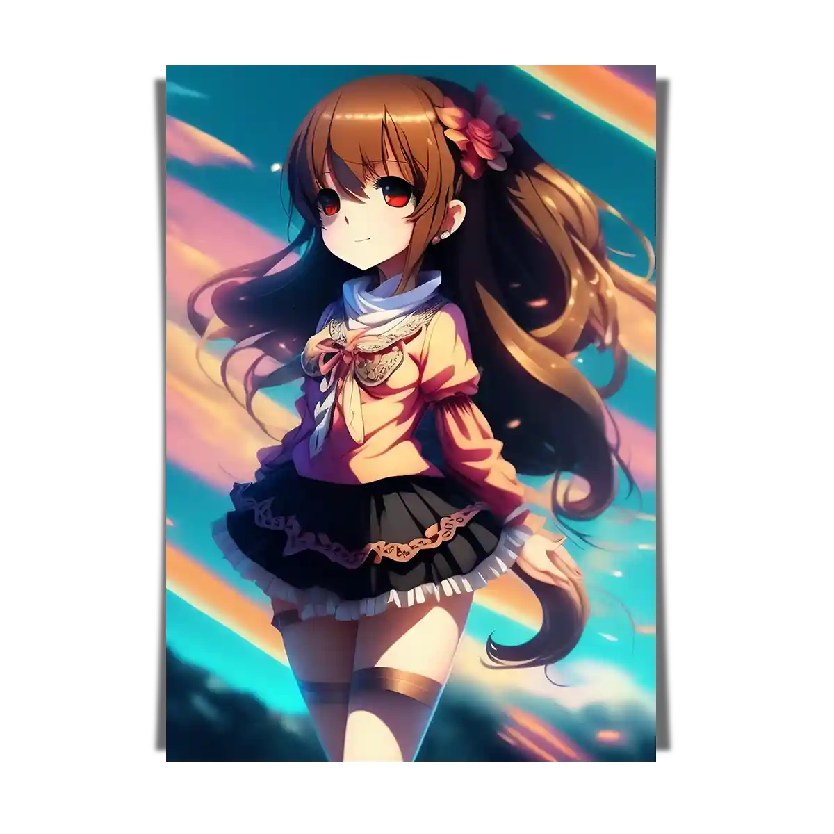 Girl with Flowers on a Long Brunette Hair - Anime Illustration