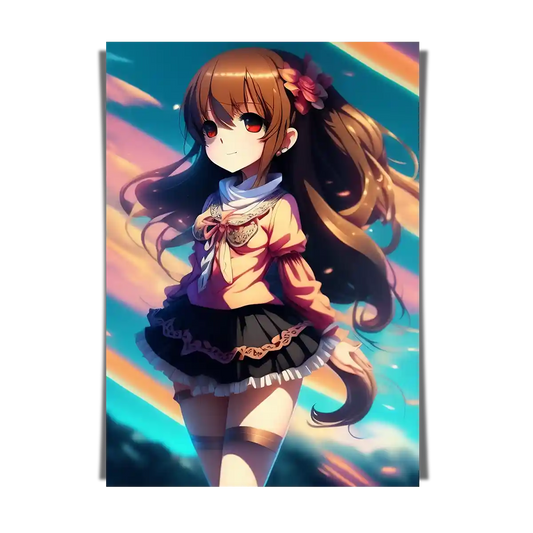 Girl with Flowers on a Long Brunette Hair - Anime Illustration