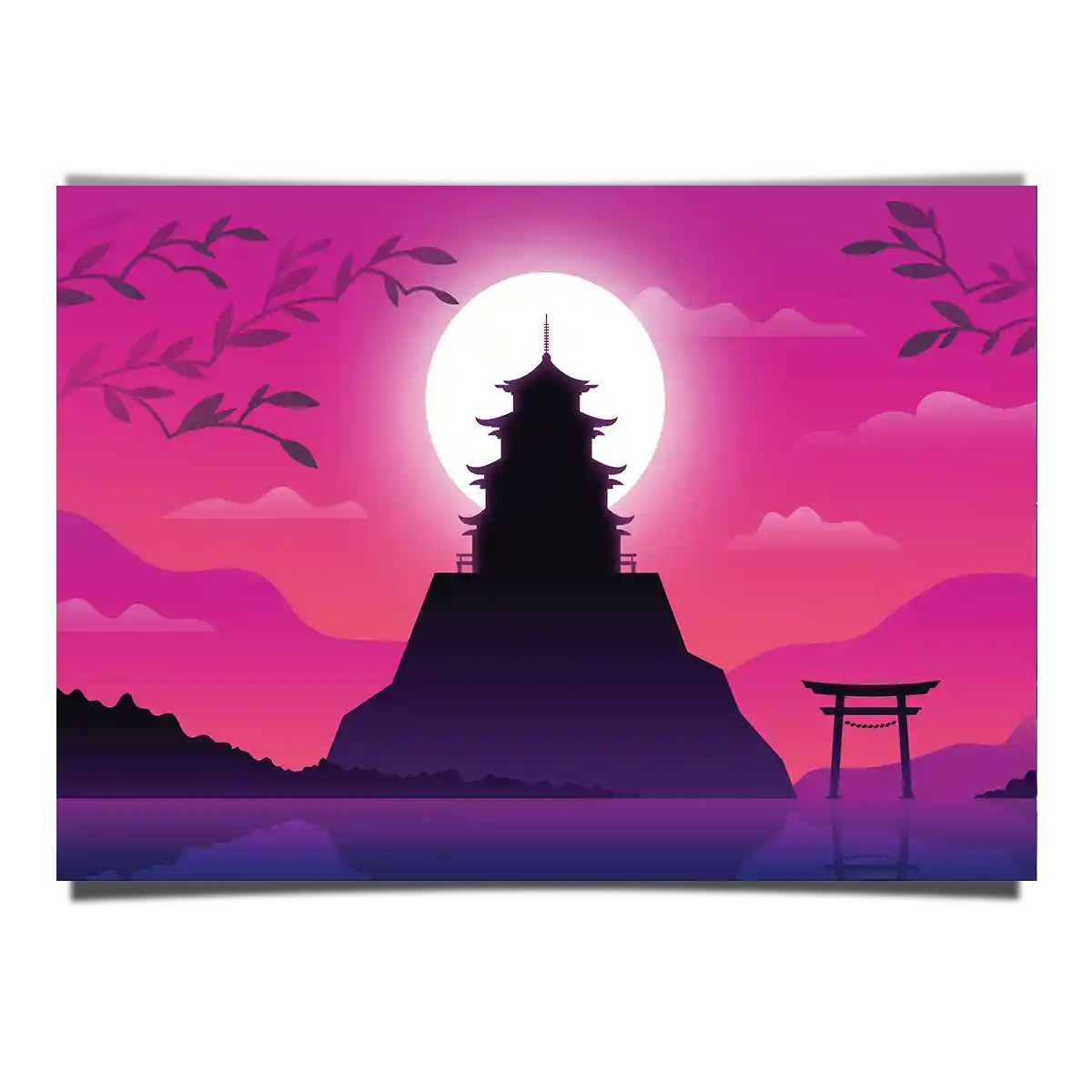 Japanese Temple Silhouette Over Bright Moon Digital Art
