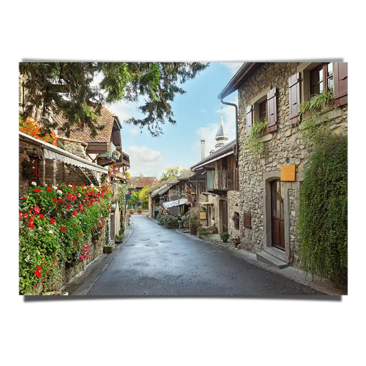 Traditional Old Town Street Scene with Old Shops in Yvoire Lake, Geneva France