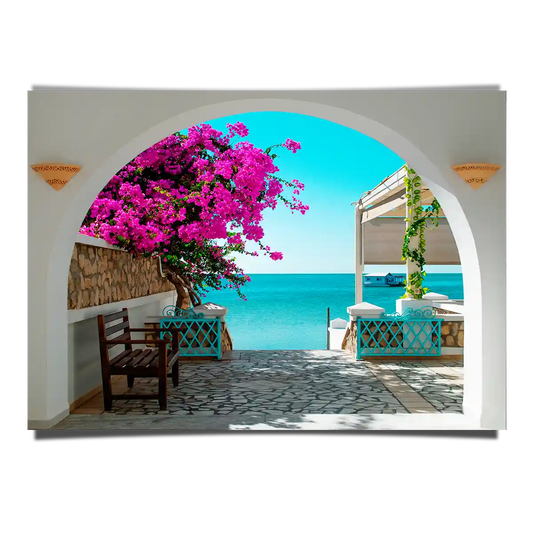 Tunisian Sea Overlooking on White Archway of a Porch with Blooming Red Flowers