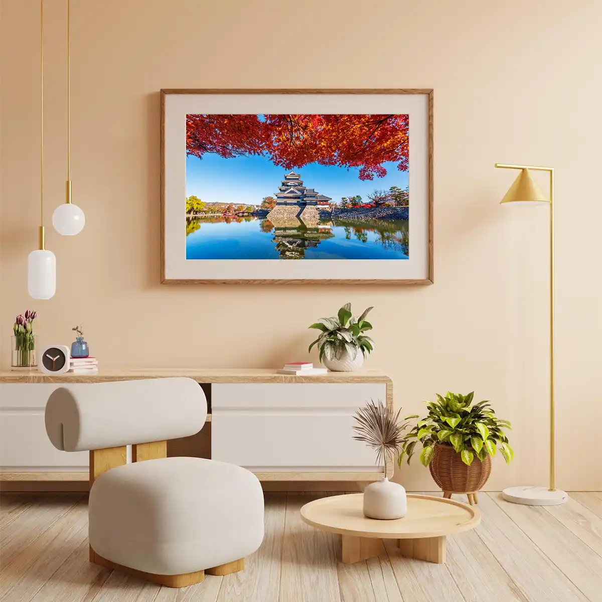 Matsumoto Castle with Maple Leaves at Autumn Reflecting on Water in Nagano Japan