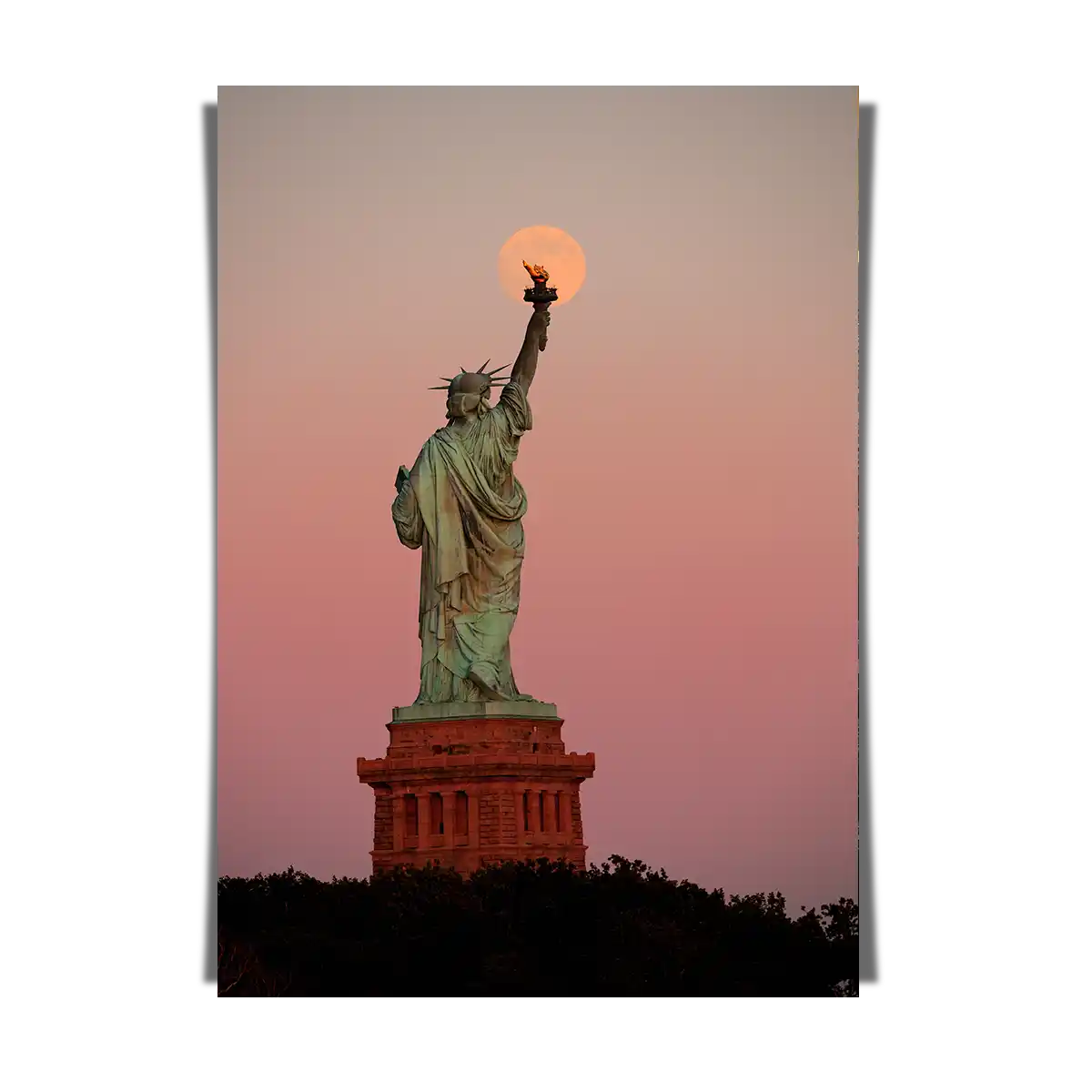 The Statue of Liberty on Sunset Over Full Moon