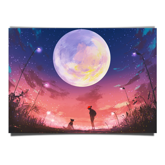 Young Woman And Dog On A Beautiful Night